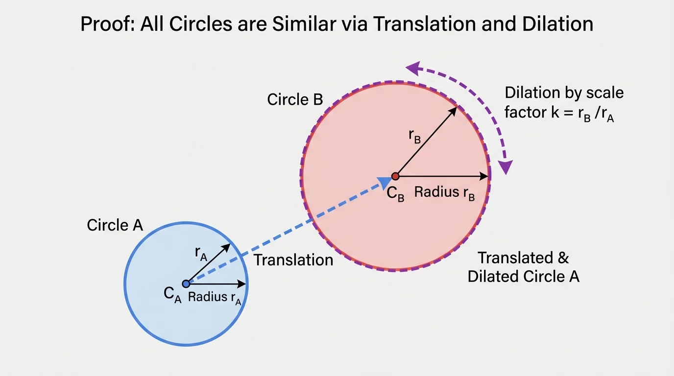 Two circles at different locations with centers labeled, one shifted by translation and then resized by dilation to overlap the other