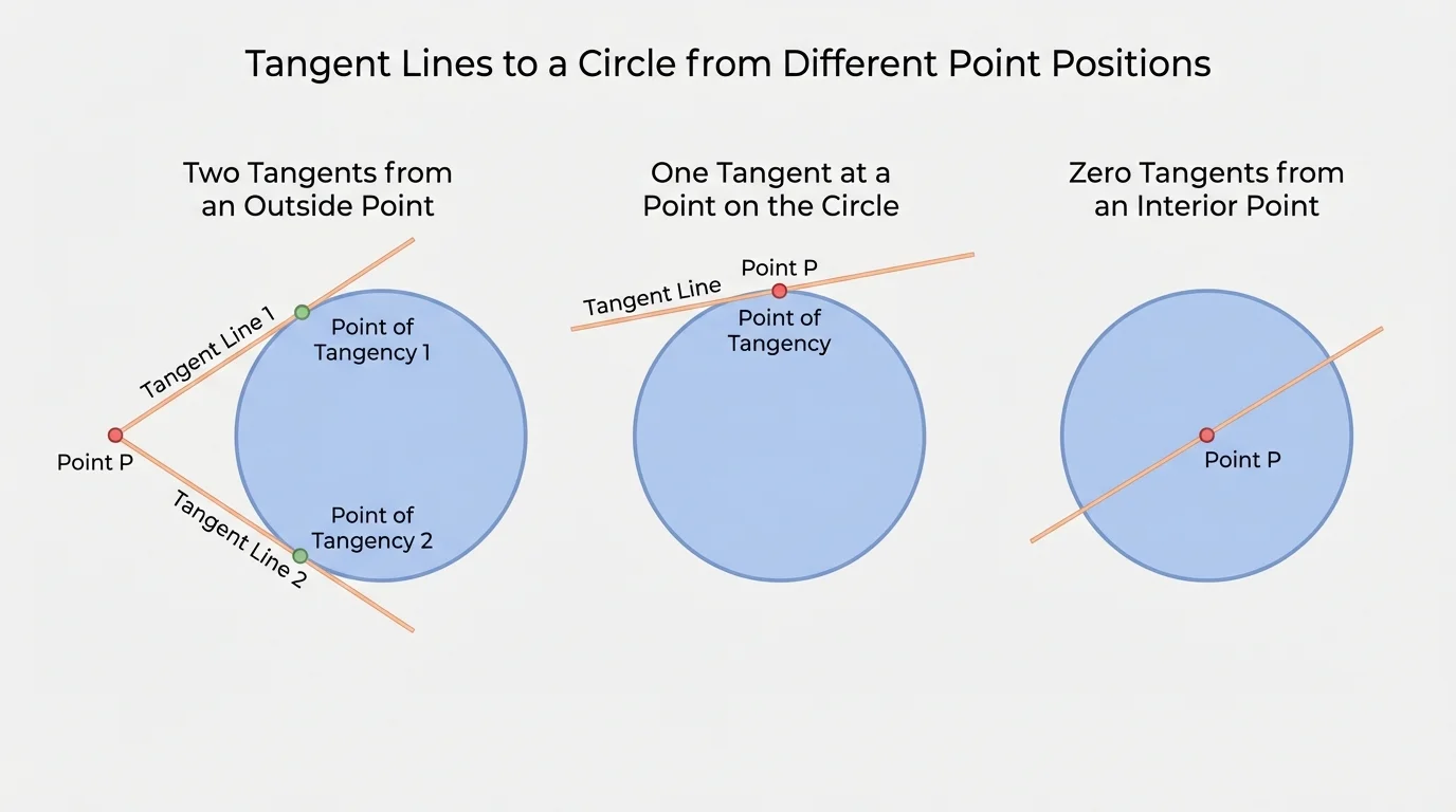 three small circle diagrams side by side showing 2 tangents from an outside point, 1 tangent at a point on the circle, and 0 tangents from an interior point