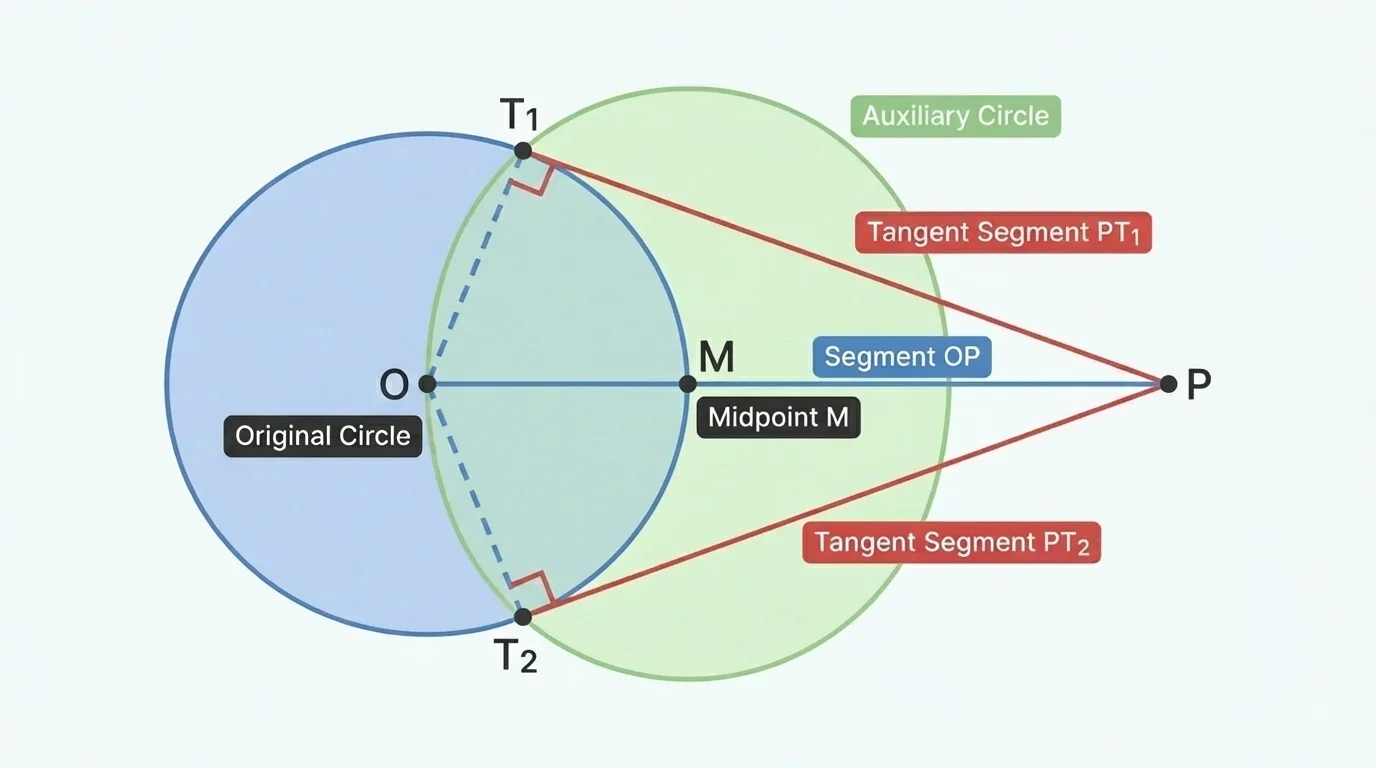 staged geometric construction showing original circle, external point P, segment OP, midpoint M, auxiliary circle, intersection points T1 and T2, and tangent segments PT1 and PT2