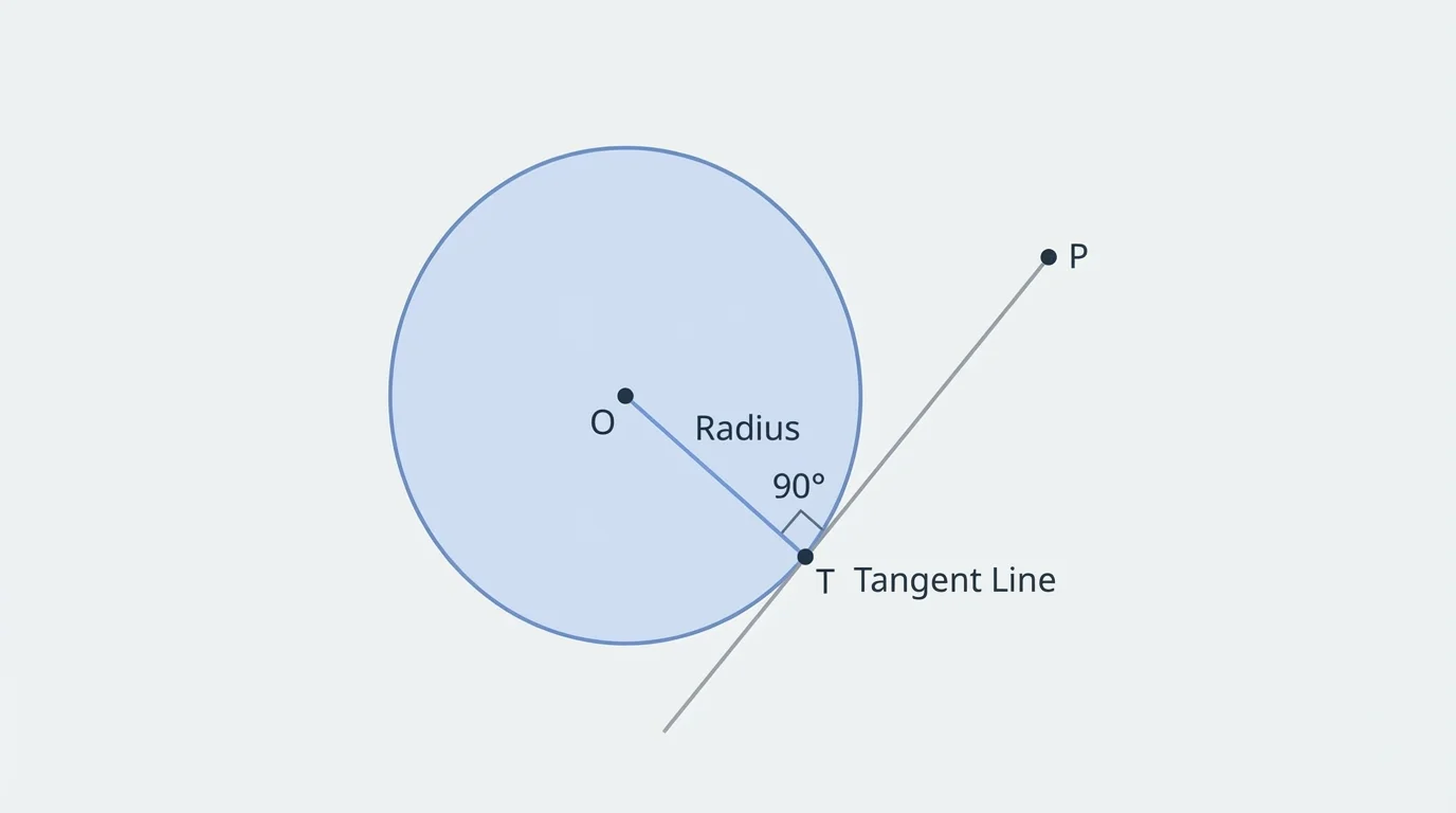 circle with center O, tangent line touching at T, radius OT forming a right angle with the tangent