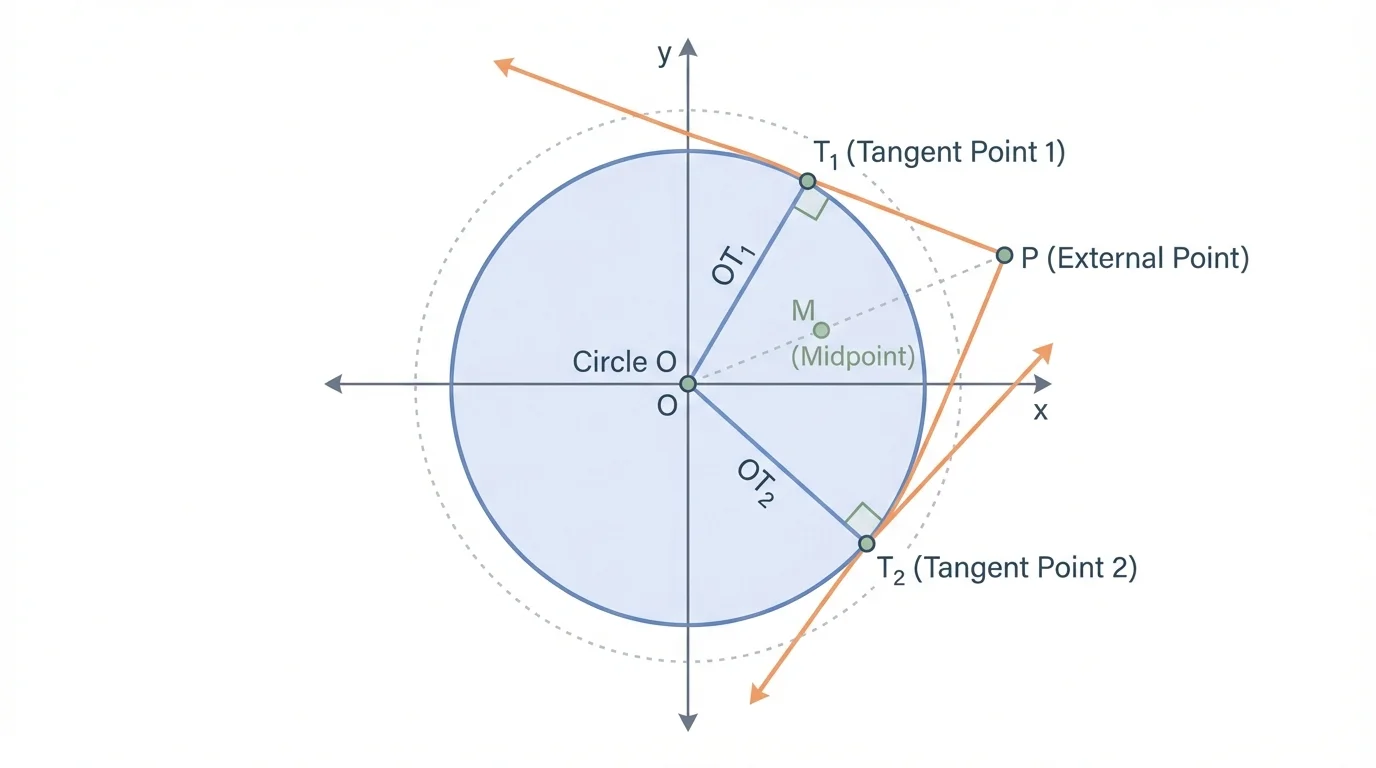 coordinate graph of a circle centered at origin with external point P, two tangent lines touching at T1 and T2