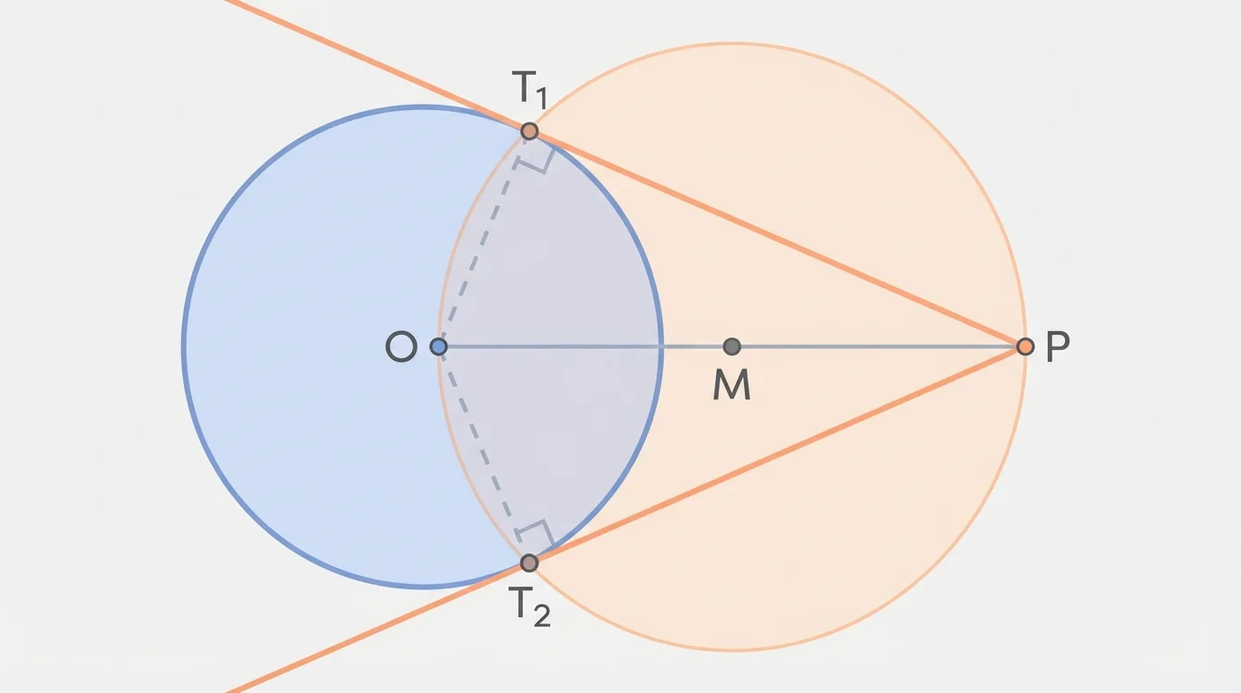two circles with centers O and M, external point P, segment OP bisected at M, intersections labeled T1 and T2