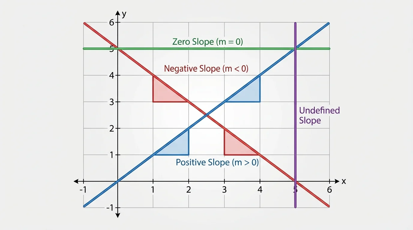 coordinate grid showing four labeled lines with positive slope, negative slope, zero slope, and undefined slope