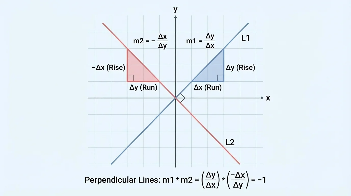 coordinate plane with one line and its perpendicular, slope triangles showing rise-run swap and a right-angle marker at intersection