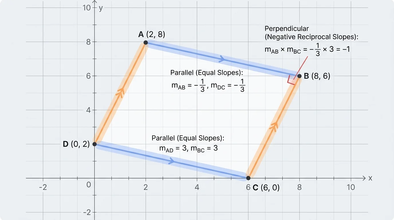 coordinate plane with a labeled quadrilateral, opposite sides highlighted for parallel checks and one corner marked as a right angle