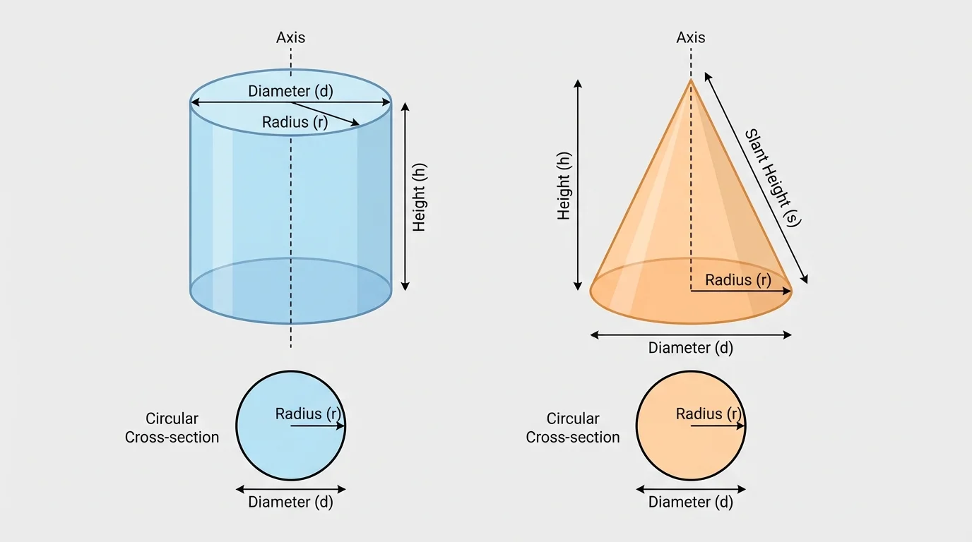 side-by-side cylinder and cone with radius, diameter, height, slant height, and a circular cross-section indicated