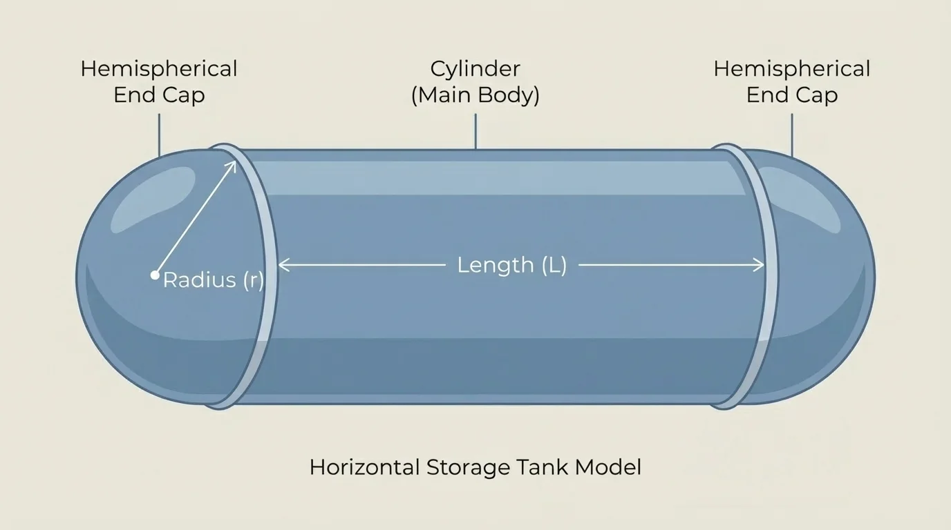 horizontal industrial storage tank modeled as a cylinder with hemispherical end caps
