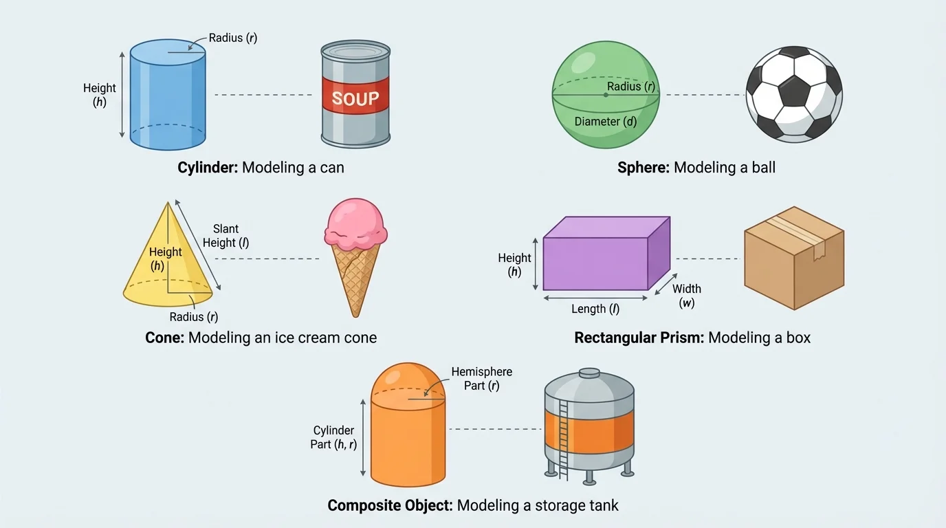 labeled set of common solids—cylinder, sphere, cone, rectangular prism, and a composite object—each matched to real-world objects like a can, ball, ice cream cone, box, and storage tank