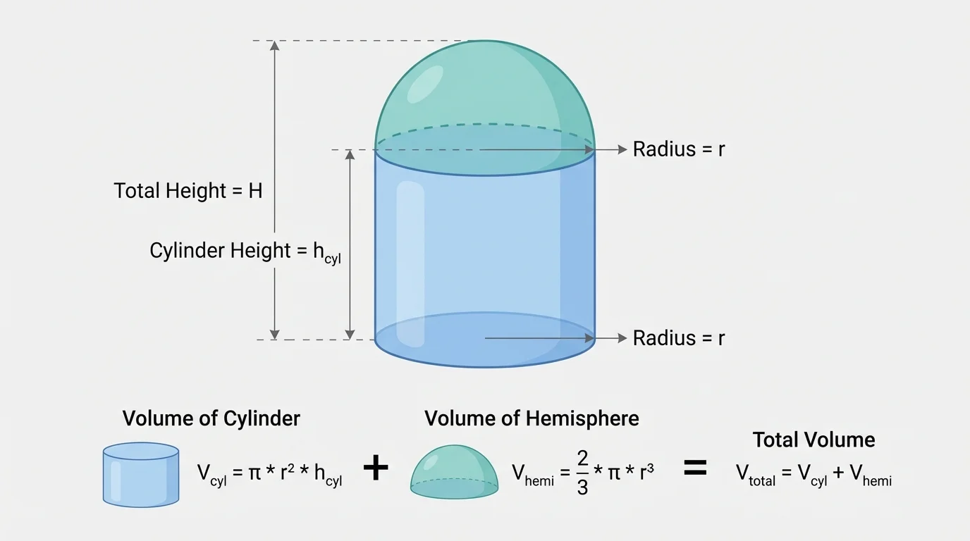 Composite solid consisting of a cylinder with a hemisphere on top, dimensions labeled for separating and adding volumes