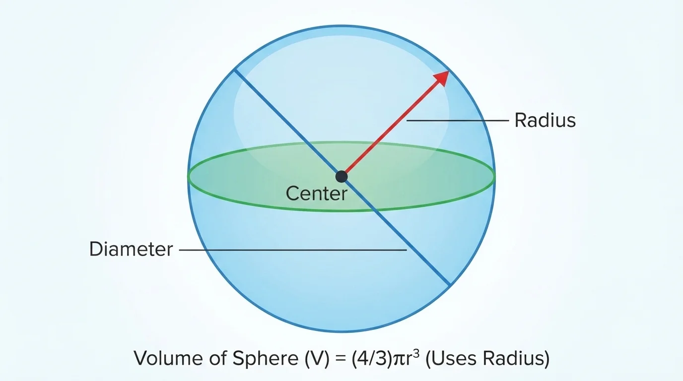 Labeled sphere showing center, radius, and diameter to highlight which measure is used in the volume formula