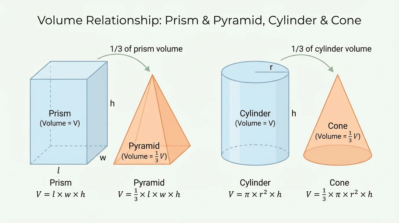 Side-by-side prism and pyramid, cylinder and cone, with matching base and height to illustrate the one-third relationship