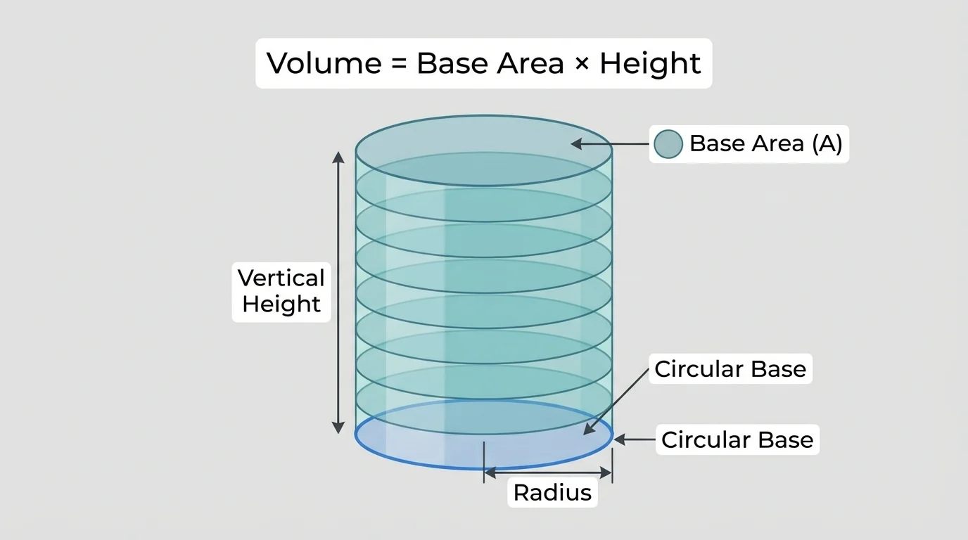 Labeled cylinder with circular base, radius, vertical height, and stacked layers to show base area times height