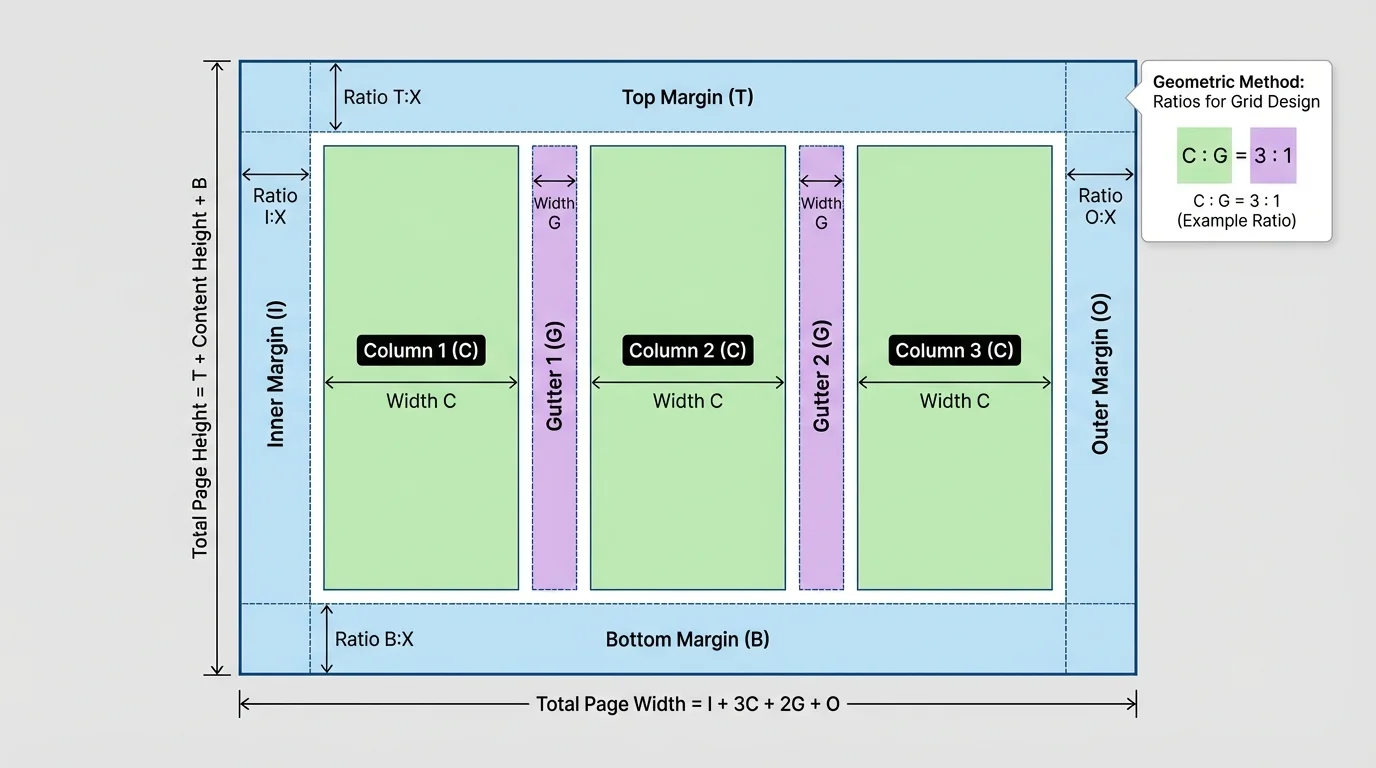 page layout rectangle divided into top, bottom, inner, and outer margins with three equal text columns and two gutters, showing ratio-based spacing