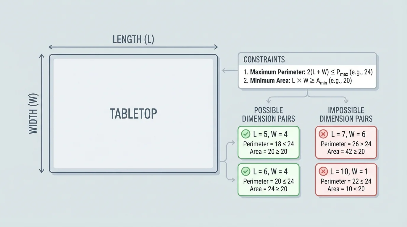 rectangular tabletop with length and width labeled, notes showing maximum perimeter and minimum area constraints, with several possible and impossible dimension pairs indicated