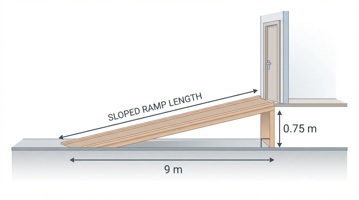 right-triangle wheelchair ramp with vertical rise 0.75 m, horizontal run 9 m, sloped ramp length labeled, doorway and ground shown simply