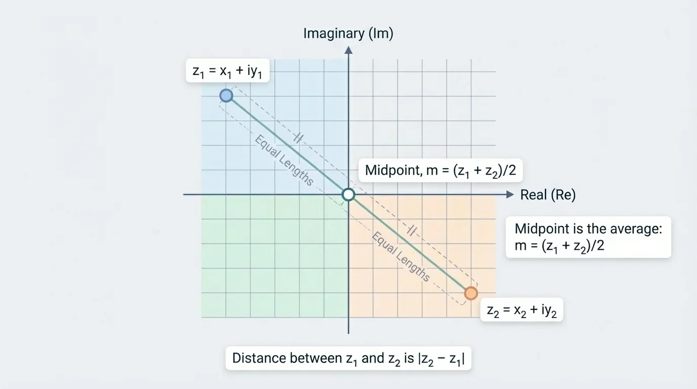 Complex plane with endpoints z1 and z2 connected by a segment, midpoint marked halfway and lightly indicated by equal segment lengths on both sides