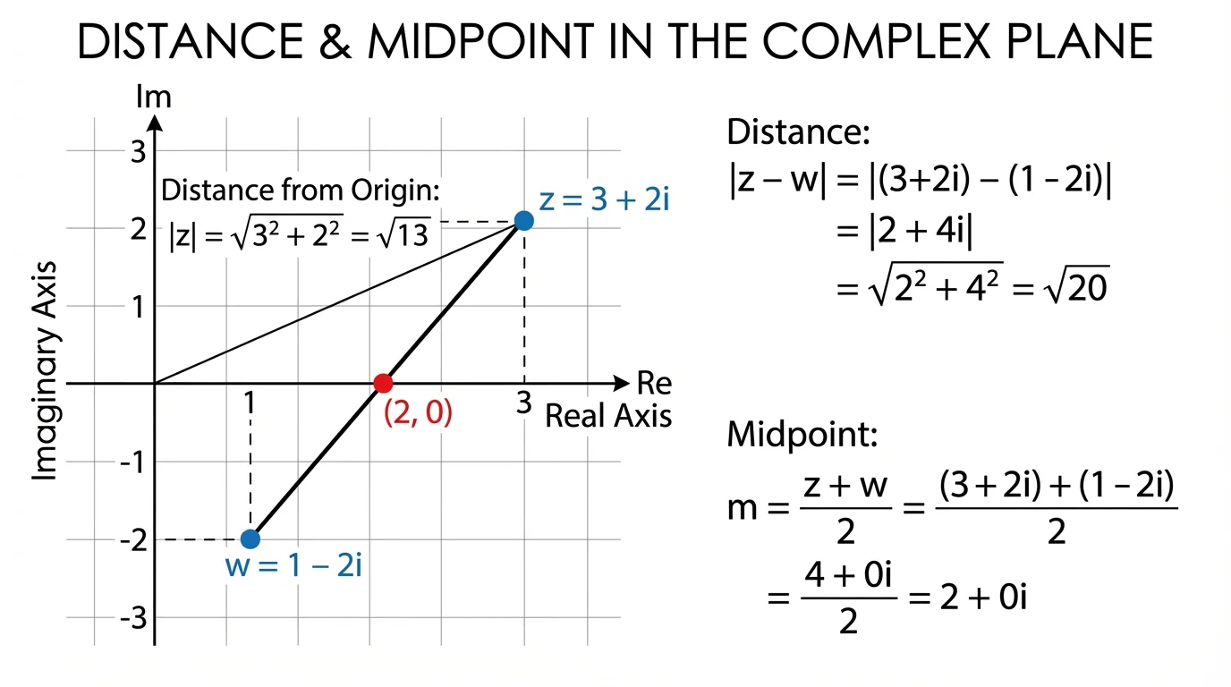 Complex plane with real and imaginary axes, point labeled z = 3 + 2i plotted at coordinates (3,2), with simple axis labels and dashed guide lines to the axes