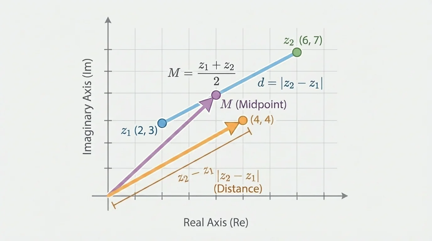 Complex plane with two points labeled z1 and z2, a segment connecting them, and a translated arrow from the origin representing z2 - z1, showing that the segment length equals the modulus of the difference