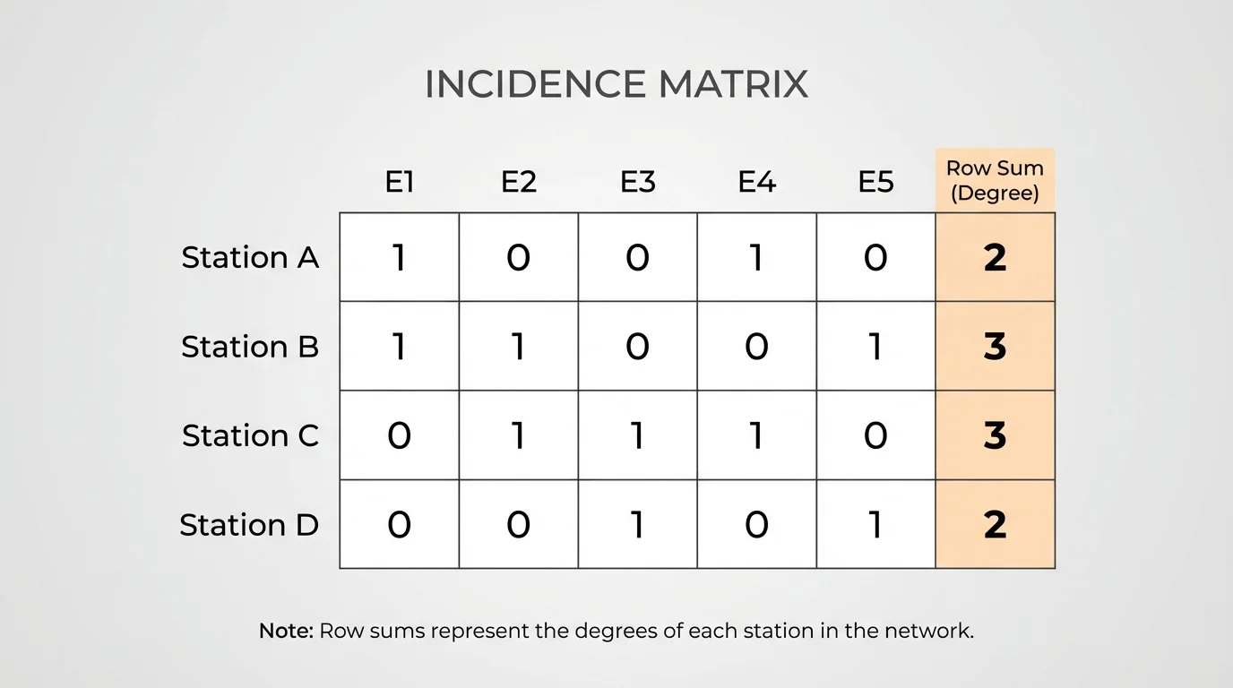 incidence matrix with row sums highlighted, showing degrees 2, 3, 3, and 2 for stations A, B, C, and D