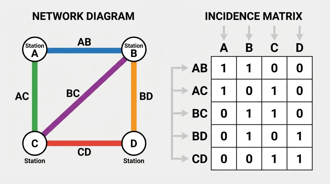 four labeled stations A B C D connected by five routes AB AC BC BD CD, shown beside an incidence matrix with matching row and column labels