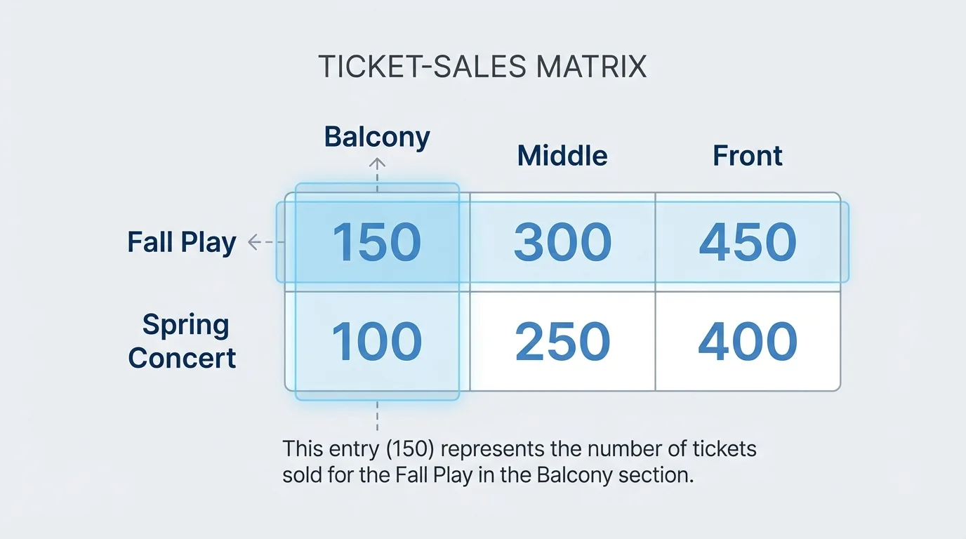 small ticket-sales matrix with rows labeled Fall Play and Spring Concert, columns labeled Balcony Middle Front, and one entry highlighted to show how row and column labels determine meaning