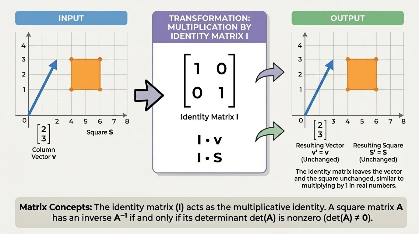 2x2 identity matrix acting on a column vector and a square on a coordinate grid, showing the output unchanged with short labels input and output