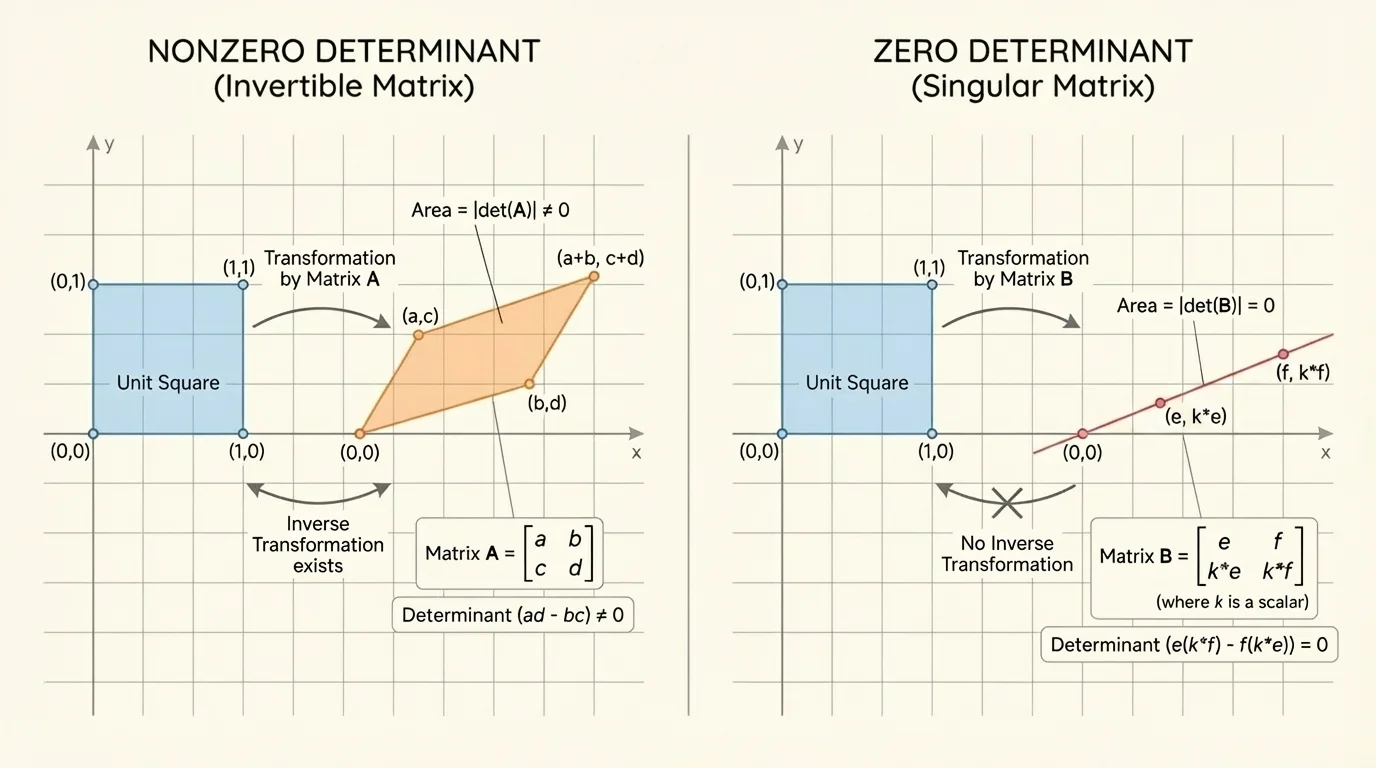 coordinate grid with a unit square transformed into a parallelogram by one matrix and collapsed into a line segment by a singular matrix, with short labels nonzero determinant and zero determinant