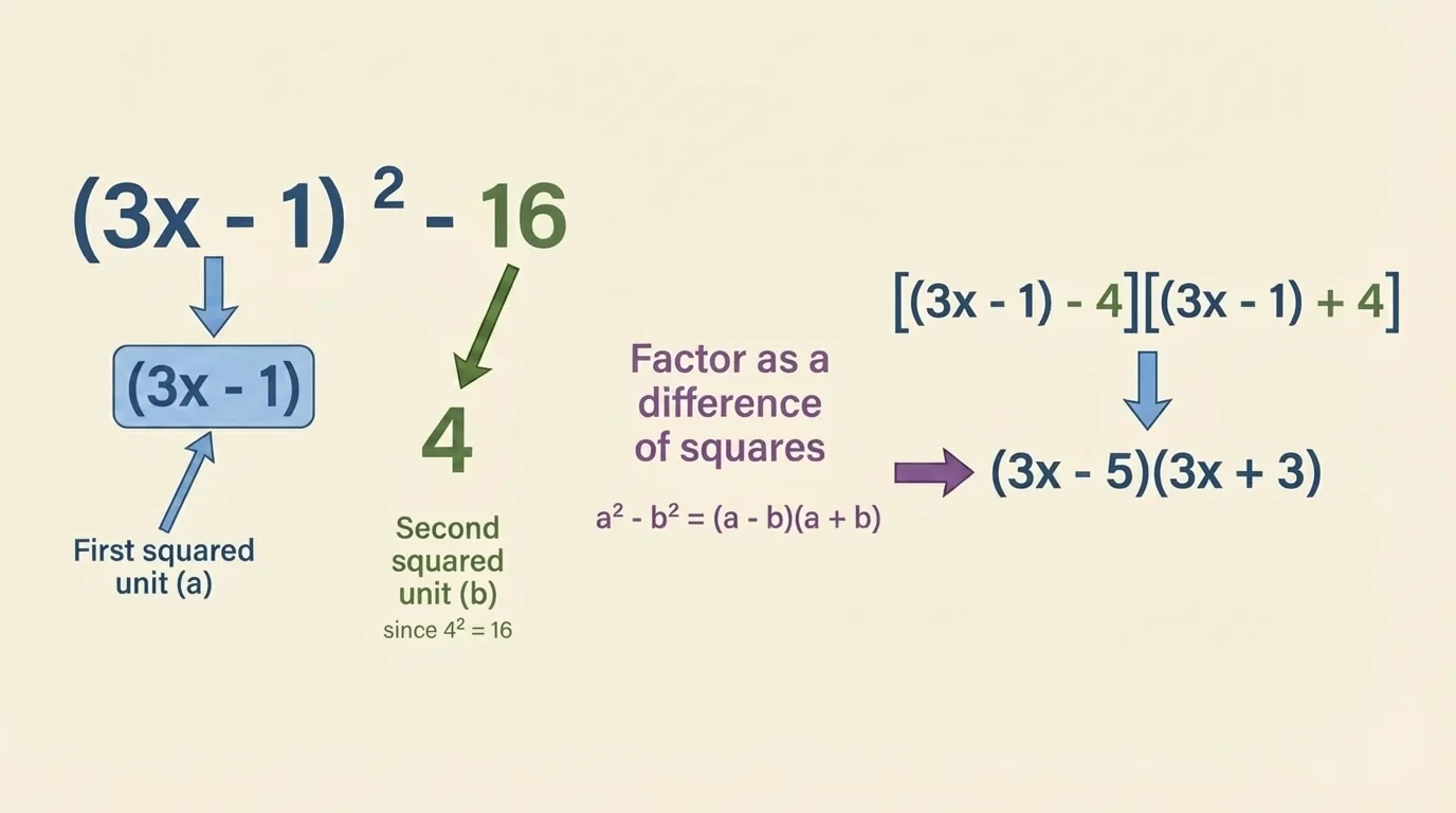 diagram showing (3x-1) boxed as one unit and then compared with 4 to factor as a difference of squares