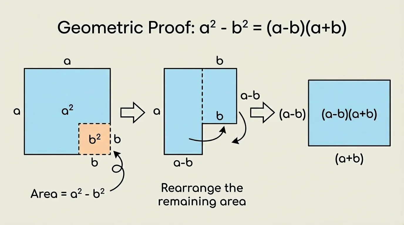 illustration of a large square of side a, a smaller square of side b removed, and the remaining region rearranged into a rectangle with sides (a-b) and (a+b)