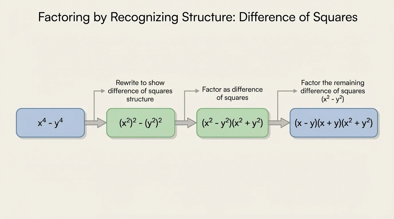 flowchart showing x^4-y^4 rewritten to (x^2)^2-(y^2)^2, then to (x^2-y^2)(x^2+y^2), then (x-y)(x+y)(x^2+y^2)