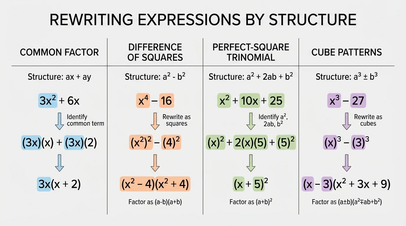 chart showing examples of common factor, difference of squares, perfect-square trinomial, and cube patterns with highlighted parts