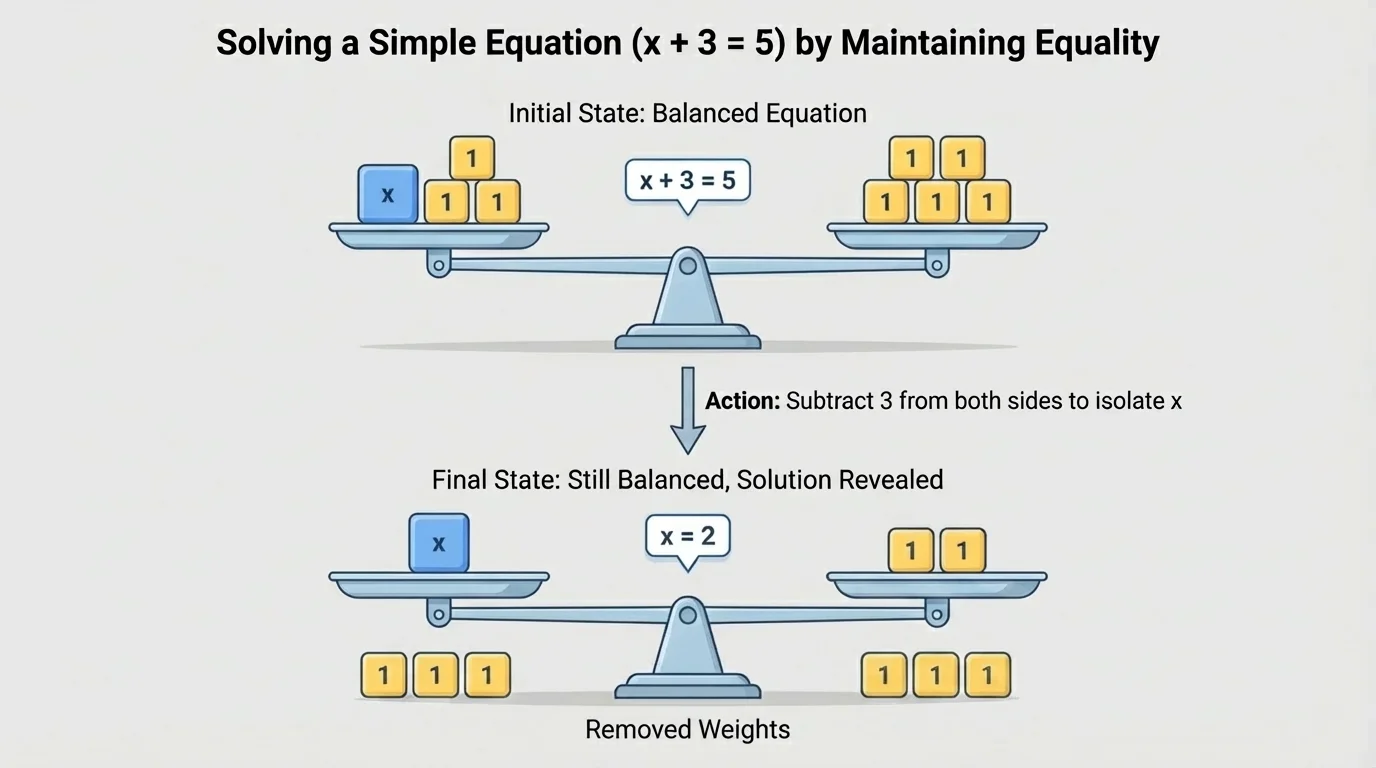 Balance scale with equal weights on both sides, then the same weight removed from each side to preserve balance