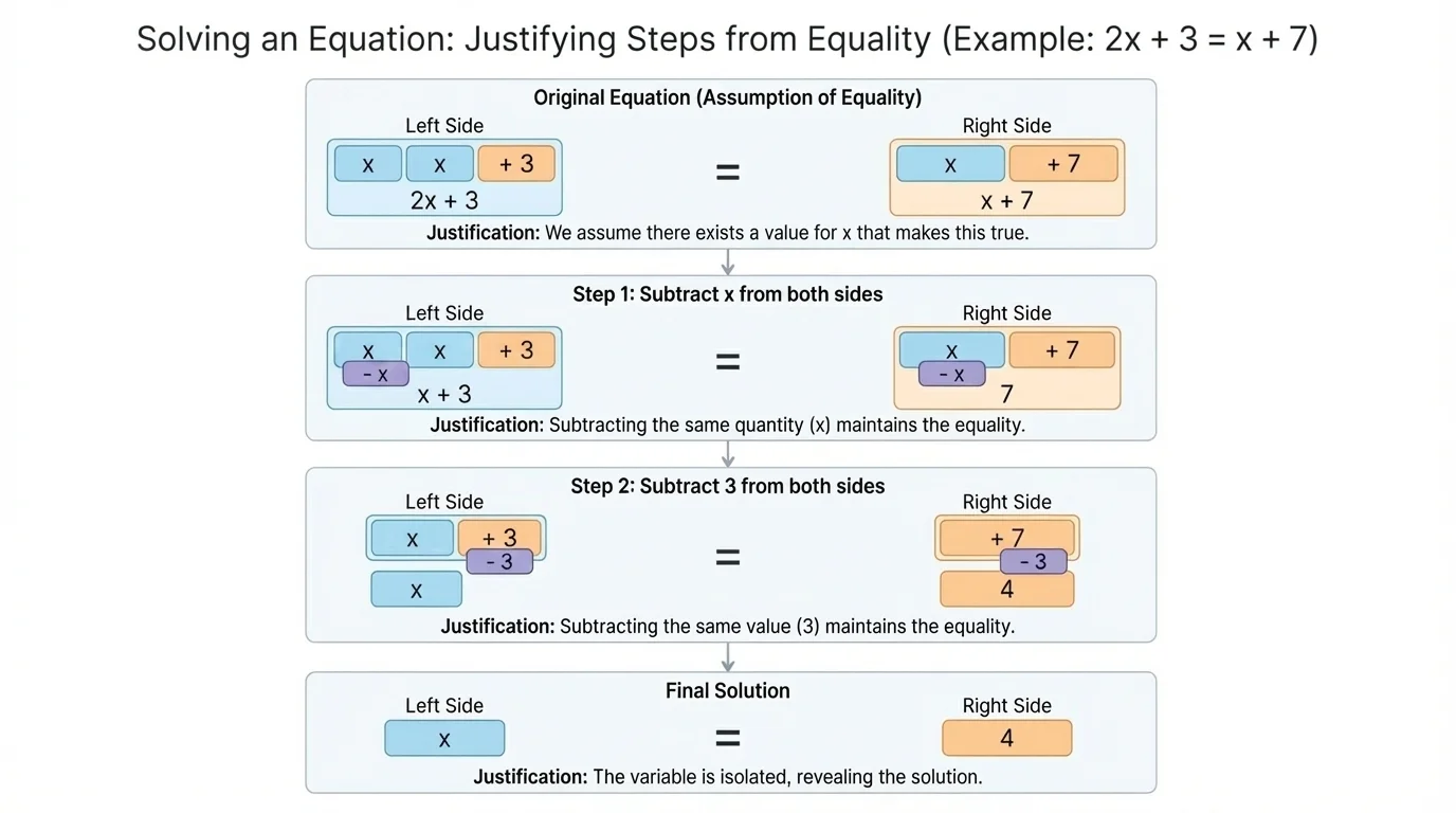 Step-by-step visual of solving an equation with variables on both sides using grouped term boxes on left and right
