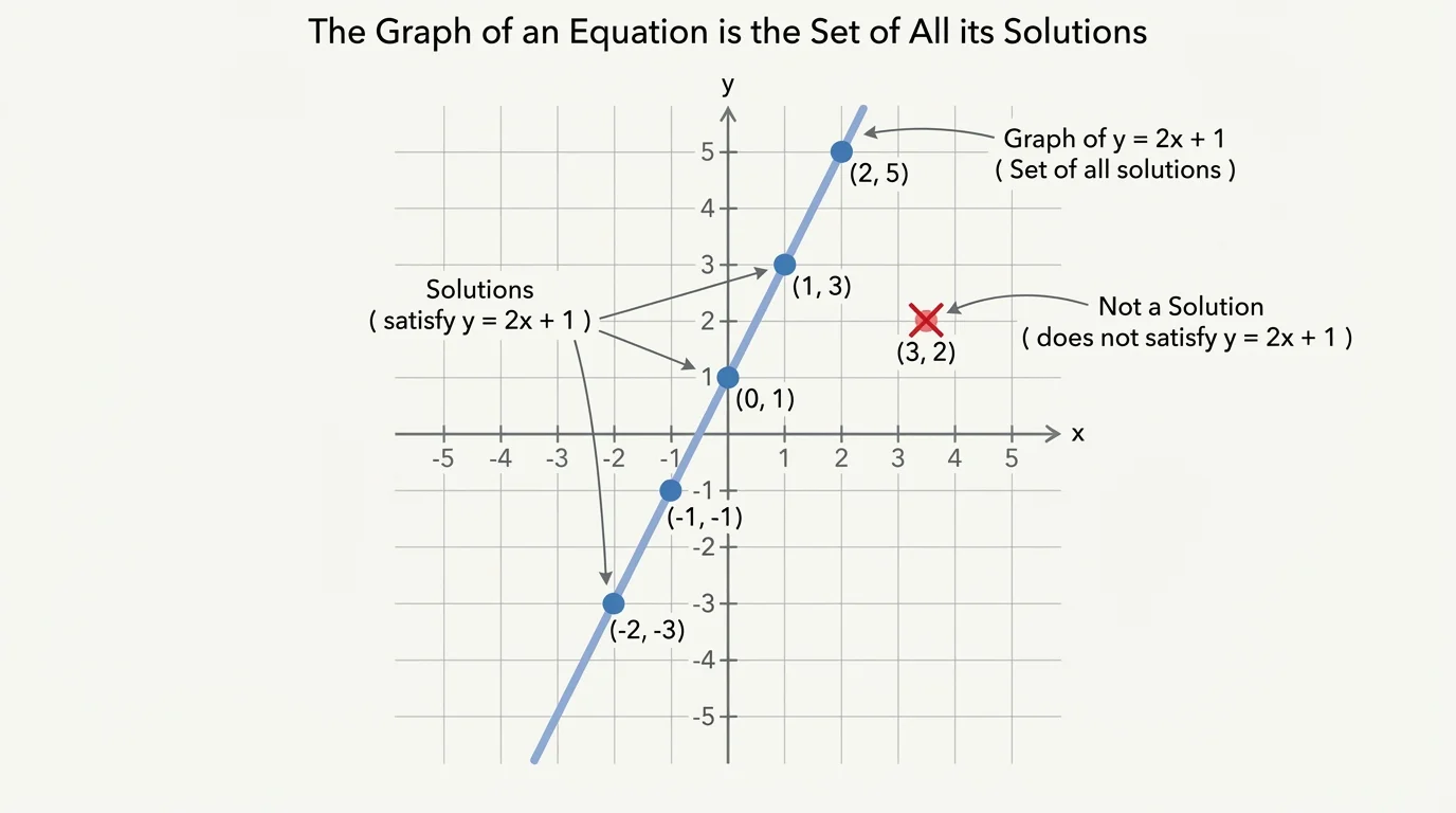 Coordinate plane showing several solution points for a simple linear equation forming a line, with one labeled point off the line marked not a solution