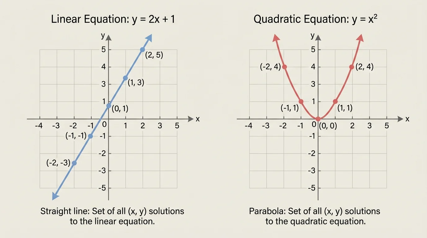 Side-by-side coordinate planes, one showing a straight line for a linear equation and one showing a U-shaped parabola for a quadratic equation, both with labeled axes