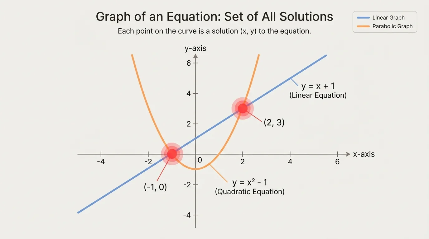 Coordinate plane showing a line and a parabola intersecting at highlighted points, with axes labeled and intersection points emphasized