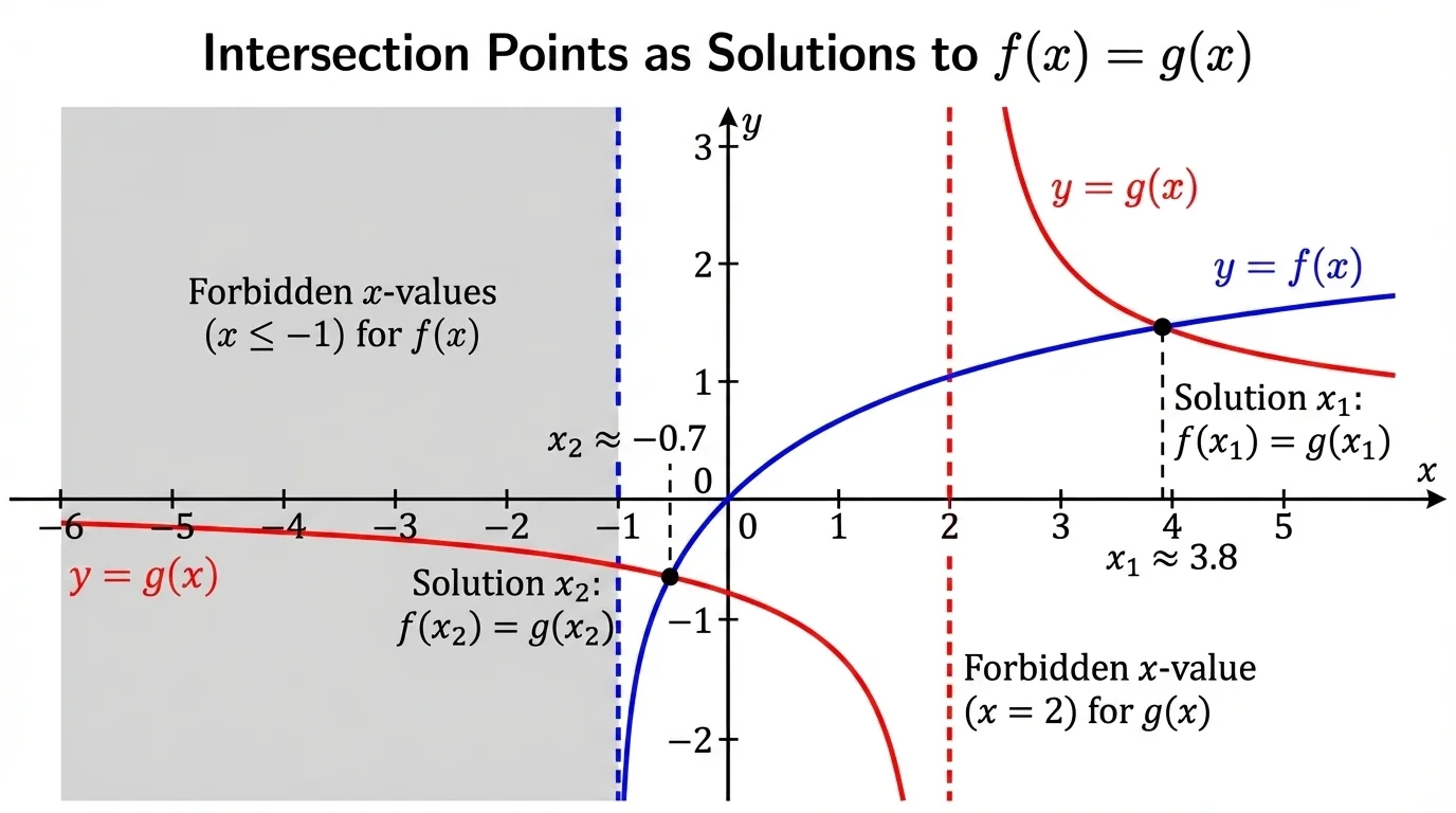 coordinate plane showing a rational function with a vertical asymptote and a logarithmic function beginning at a domain boundary, with forbidden x-values visually marked