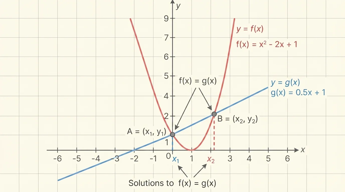 coordinate plane with a line and a parabola intersecting at two labeled points, showing that each shared point has the same x-value and y-value on both graphs