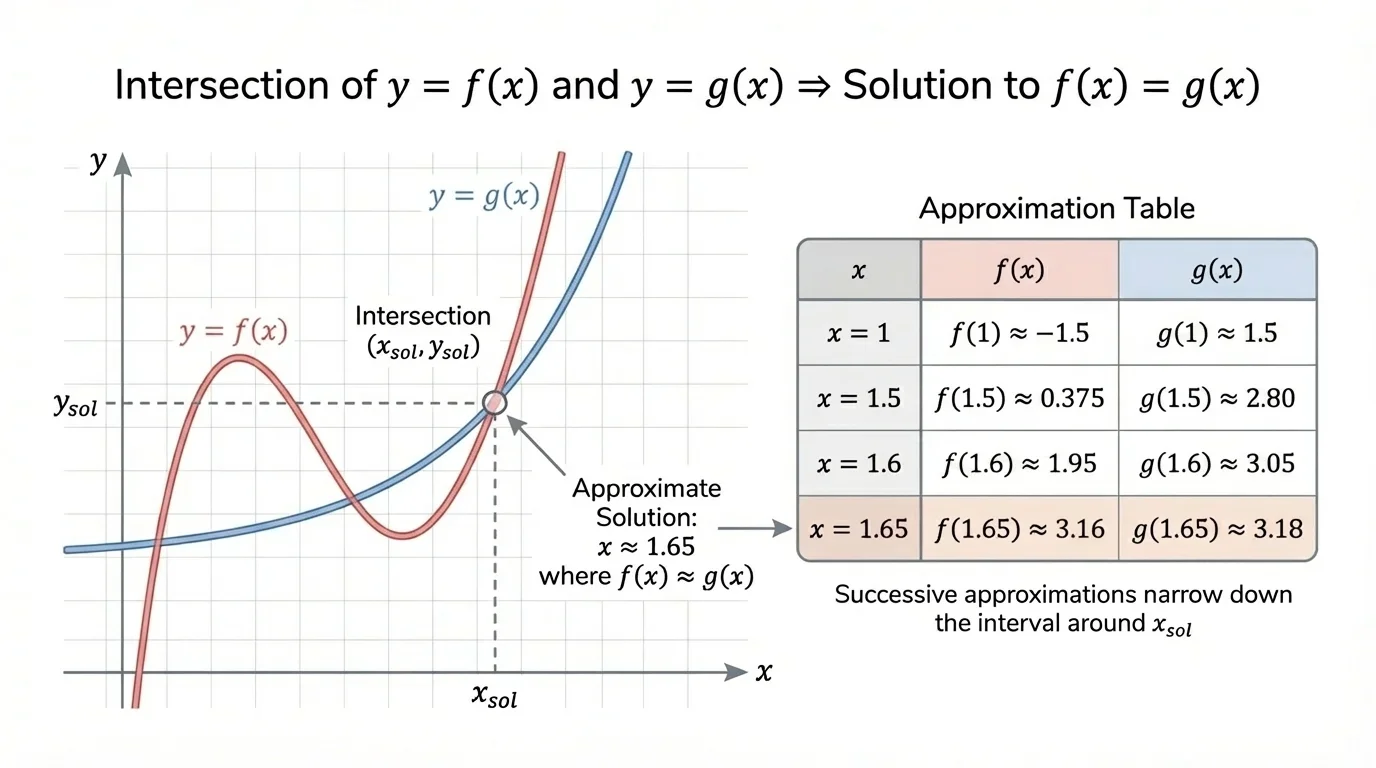 graph of two functions crossing once, with a small side table of x-values showing f(x), g(x), and narrowing intervals around the intersection