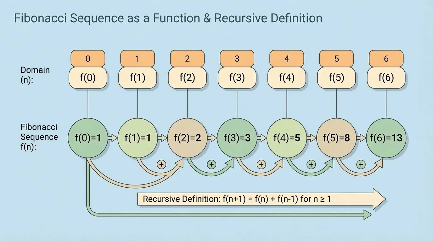Fibonacci terms 1, 1, 2, 3, 5, 8, 13 arranged in sequence with arrows showing each term comes from adding the previous two terms