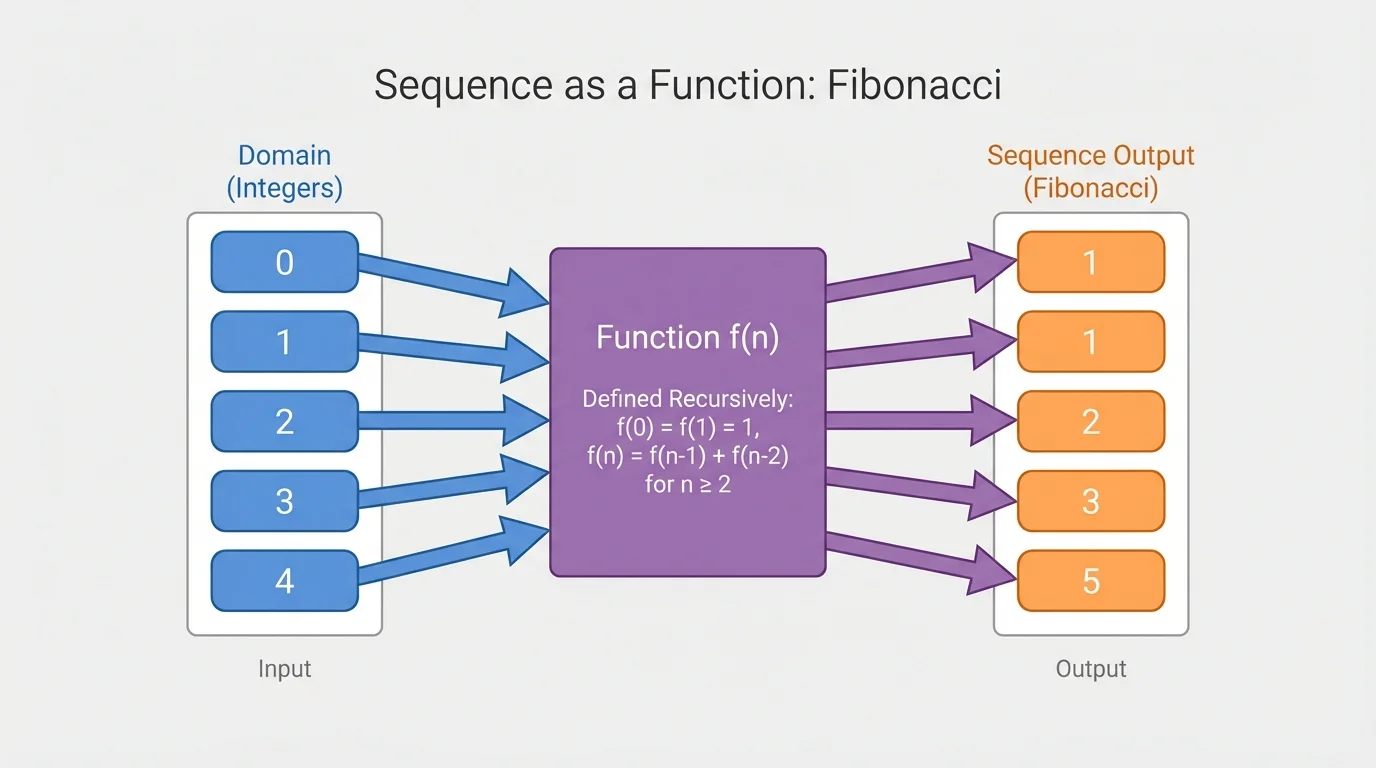 function-style mapping from integer inputs 0, 1, 2, 3, 4 to sequence outputs with arrows, showing each input has exactly one output