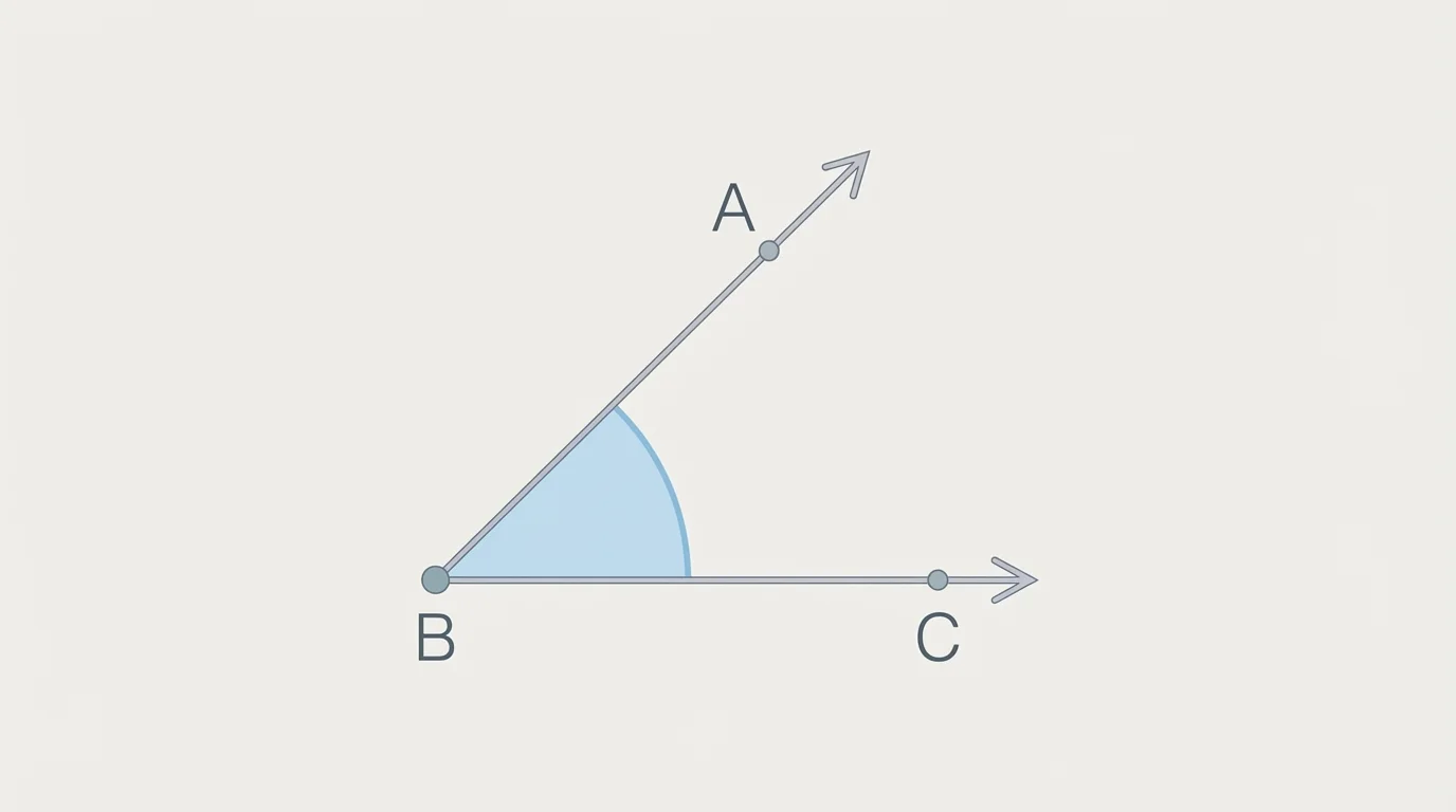 diagram of angle ABC with rays BA and BC, vertex B, and a small circular arc marking the angle opening