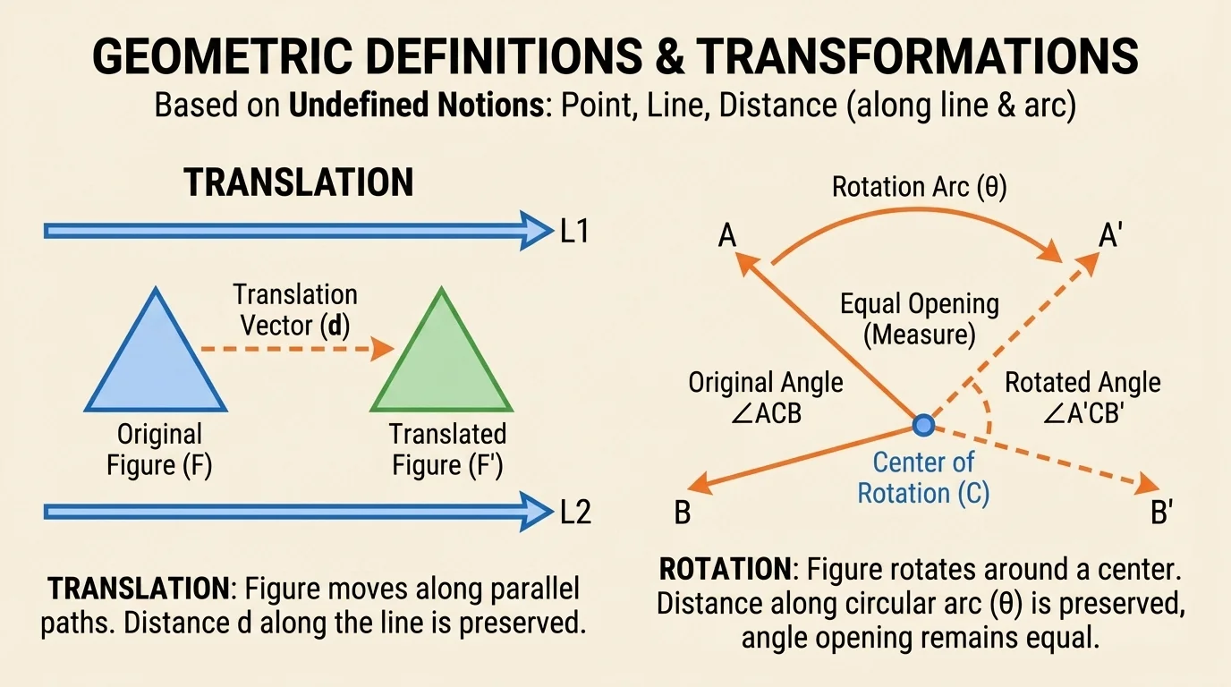 diagram showing a figure translated along parallel paths and a rotated angle with equal opening before and after motion