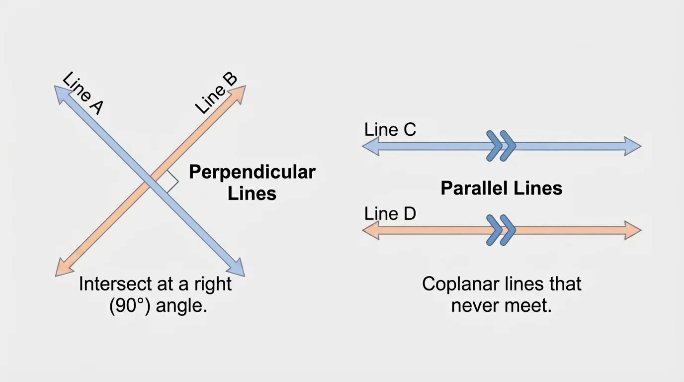 diagram with one pair of lines crossing at a right angle and another pair of coplanar lines that never meet, marked with matching arrows