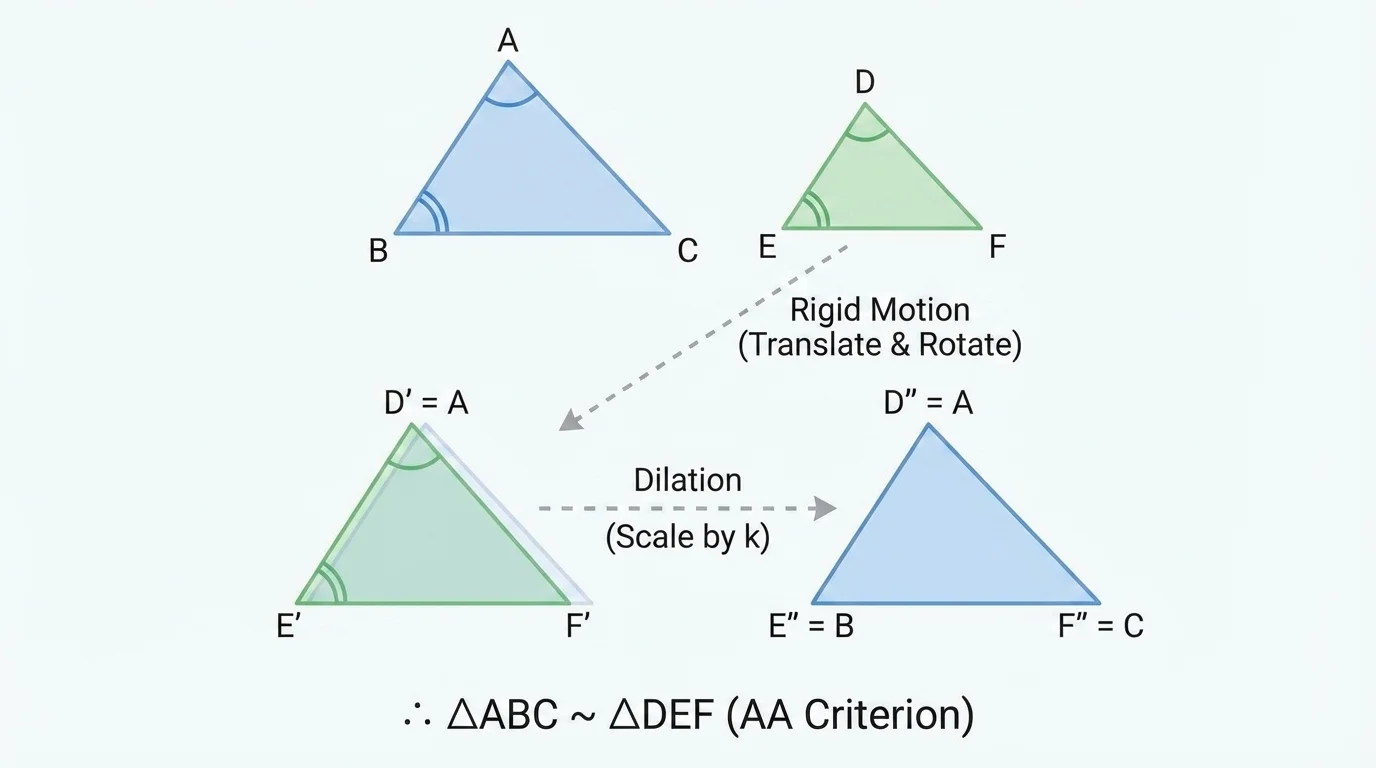 Two triangles with two pairs of equal angles marked, plus a rigid-motion-and-dilation alignment showing one triangle mapped onto the other