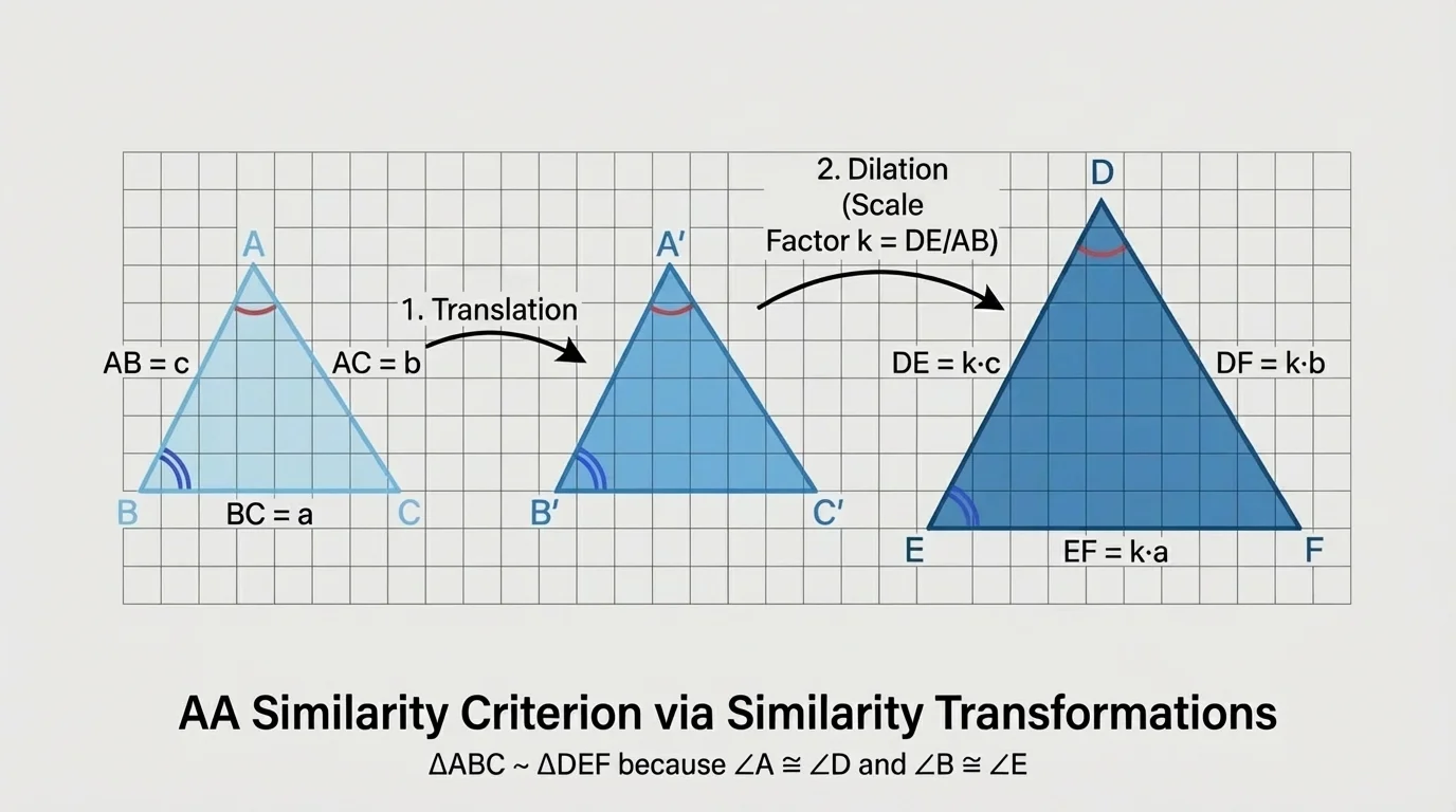 Original triangle and image after translation or rotation and dilation, with corresponding vertices, matching angle marks, and side lengths shown in proportion