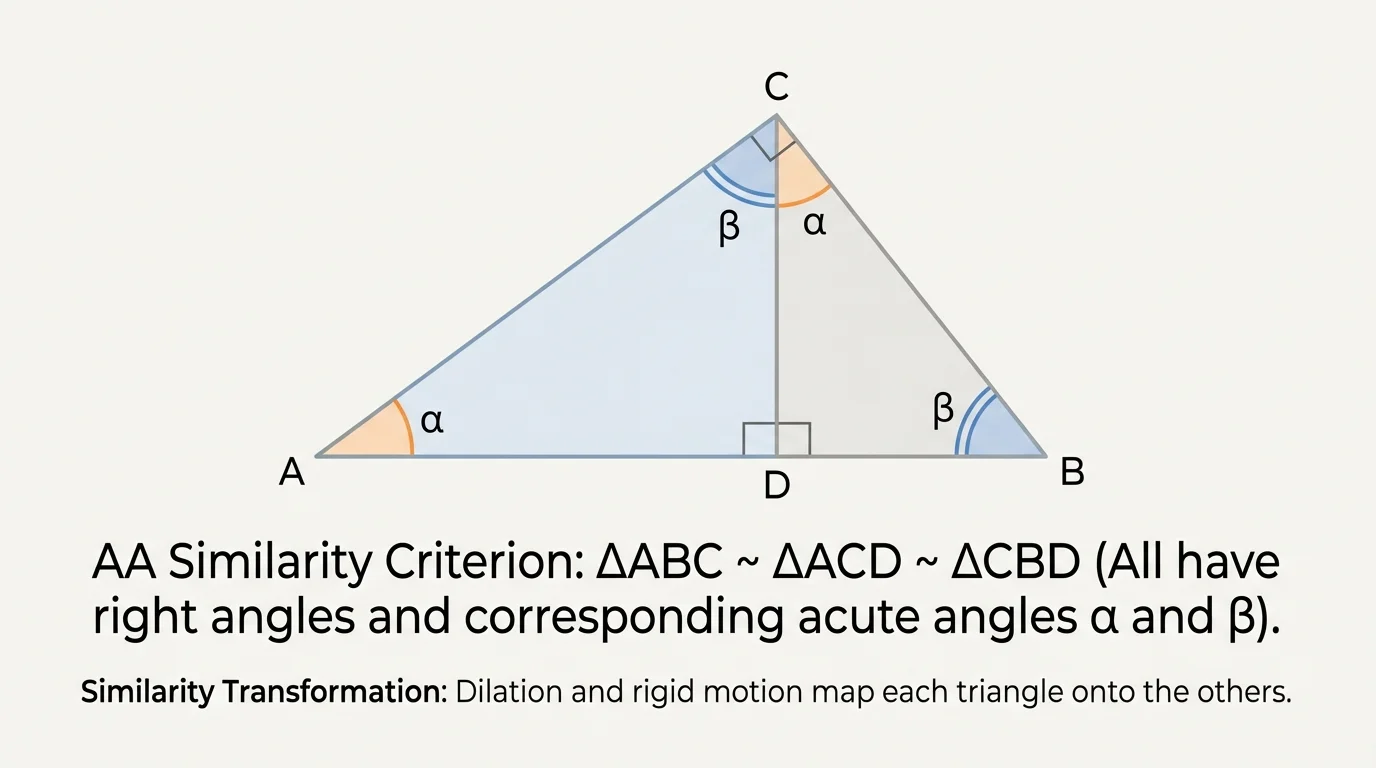 Right triangle with altitude to the hypotenuse, creating two smaller triangles with right angles and matching acute angles marked
