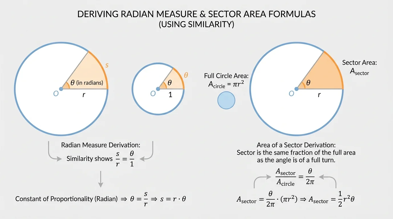 Circle with a shaded sector and central angle highlighted, showing that the sector is the same fraction of the full area as the angle is of a full turn