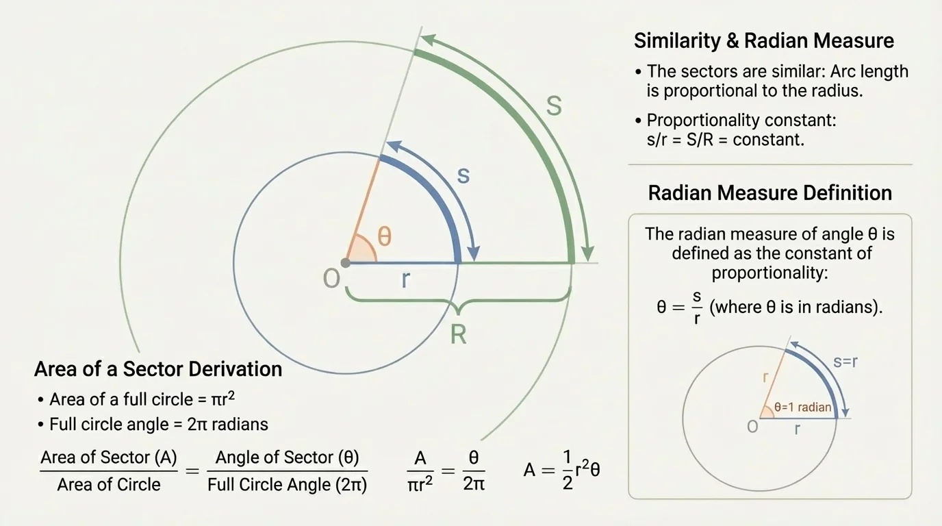 Two circles with the same central angle, radii labeled r and R, and the corresponding intercepted arcs highlighted to show that the larger arc is a scaled version of the smaller arc