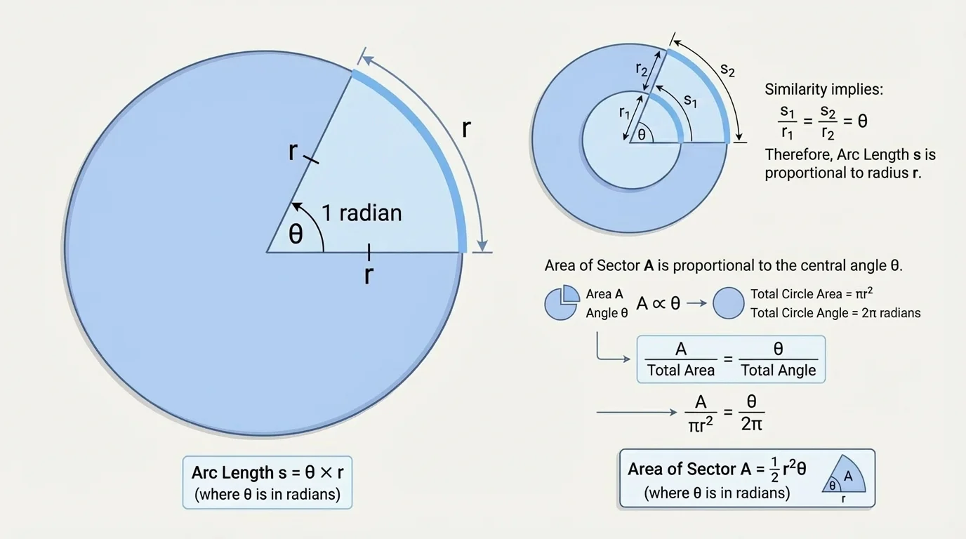 Circle with one central angle whose intercepted arc length is equal to the radius, both visually marked as the same measure to illustrate 1 radian